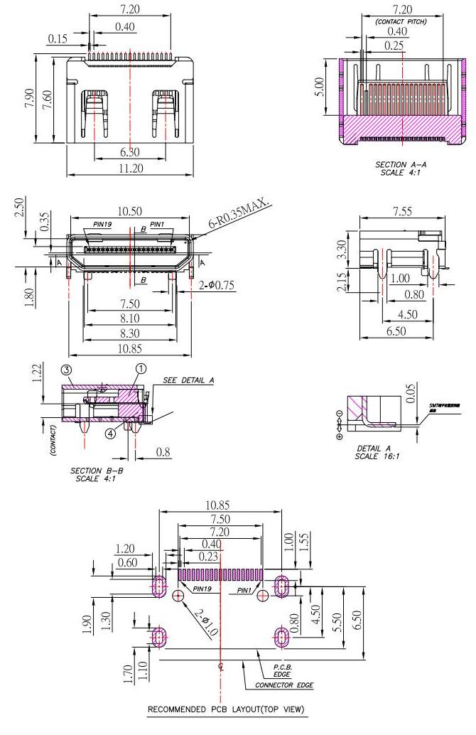 HDMI C TYPE ,HDMI接口外殼四腳插板,HDMI超清母座  HDMI-C-2規(guī)格書(shū)