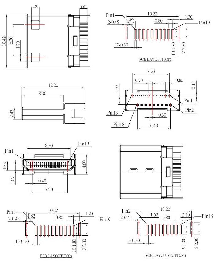 HDMI-C-3 ,HDMI JACK C TYPE ,公頭HDMI夾板式，HDMI plug規(guī)格圖