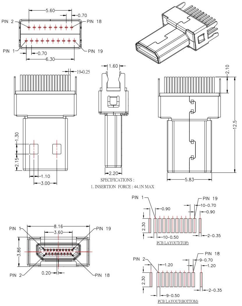 HDMI-D-6  D TYPE 公頭夾板,板厚1.6mm，HDMI JACK SERIES規(guī)格圖