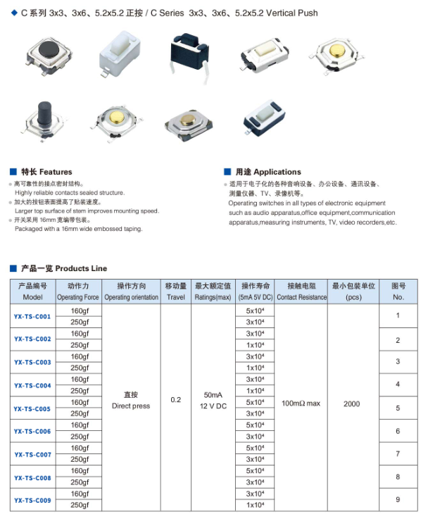 3x3、3x6、5.2x5.2正按輕觸開關(guān)規(guī)格圖