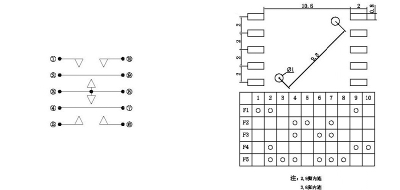 10*10*9mm五向開(kāi)關(guān)接線圖